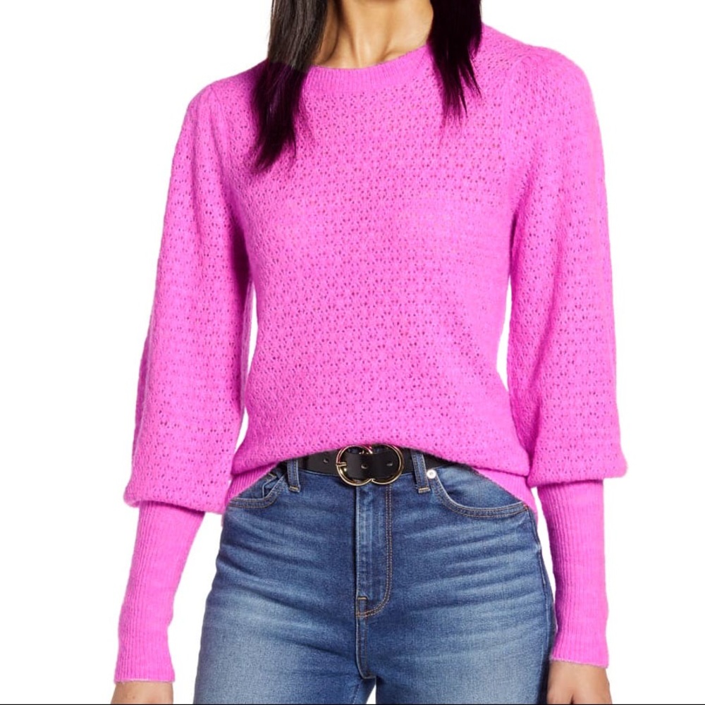 Halogen Pointelle Knitted Blousson Sleeves Sweater